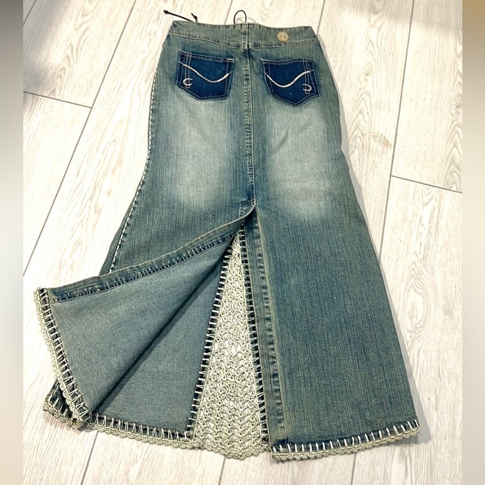 Y2K Crest Jeans,Crochet Panel Denim Mermaid Skirt Boho Western Stretch Size S - Picture 5 of 11